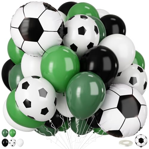 Image of Soccer Balloons, Green Black White Soccer Printed Latex Balloons with 18 Inch Soccer Ball Balloon for Boys Kids Men Football Sports Theme Birthday Baby Shower Party Decorations