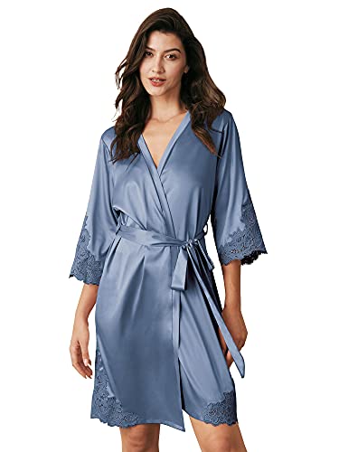 Aw Bridal Womens Satin Robe Lace Kimono Robes Short Silky Bathrobe Wedding Robes Sleepwear For Bride Bridesmaids, Dusty Blue Xl #TOP19