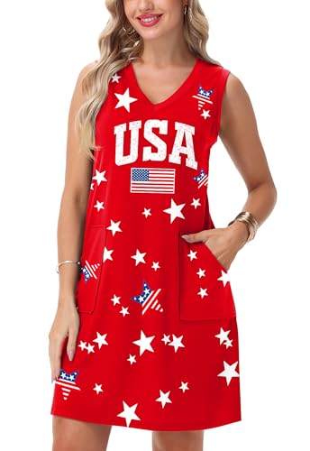 Image of Deerose Womens July 4th Sleeveless Dress American Flag Swim Cover Up Dress with Pockets