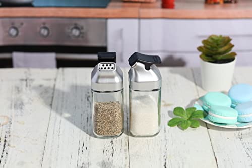 J&M Design Glass Salt And Pepper Shakers Set With Moisture Free Plastic Flip Lid For Kitchen Countertop Or Travel Spice Seasoning Use - Set Of 2 Refillable Bottle Dispenser Container Shaker #TOP4