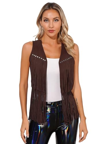 Linjinx Womens Cowboy Cowgirl Western Suede Leather Tassel Sleeveless Vest Jacket Gothic Waistcoat Coat