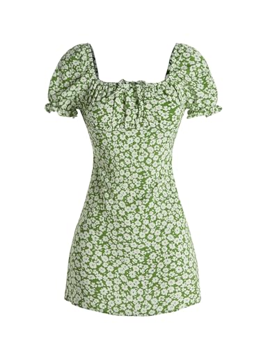 Girl's Boho Summer Dress Floral Short Sleeve Square Neck Cute A Line Mini Short Spring Dresses