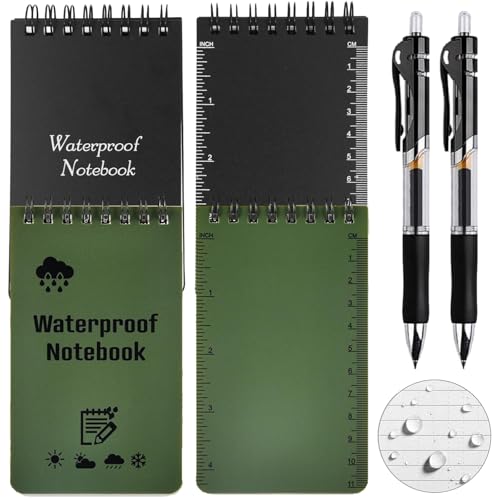 6 Pièces Carnet de Voyage Étanche,ImperméAble Bloc Notes de Poche,All Weather Notebooks Reliure en Spirale,Cahier ImperméAble avec 2 Stylos pour Les Activités de Plein Air Militaire (Noir, Vert)