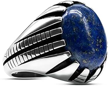 SKOOMEN Men Ring in Sterling Silver, Blue Lapis Ring with Jewelry Box, Large Oval Biker Punk Ring, Anniversary Birthday Christmas Gemstone Ring Band Gifts (Size 11)