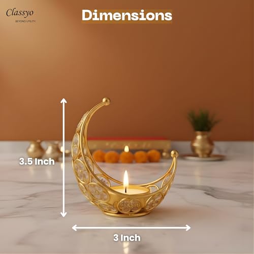 Image of Classyo Moon Shaped Crystal Tea Light Candle Holders (Pack of 2) | Diwali Tealight Candle Holders | Metal Lantern | Tea Light Holders for Diwali, Pooja and Ramadan (Gold)