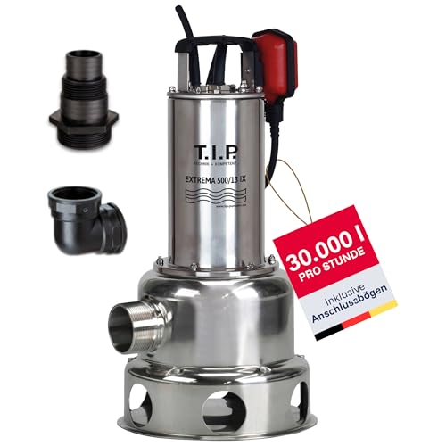 T.I.P. Schmutzwasser Tauchpumpe - Baupumpe Edelstahl (30.000 l/h Fördermenge 13m Förderhöhe 1 3bar Druck 1.800W 45mm Korngröße Waschlauge heißes Wasser bis 95C) Extrema 500/13 IX 30171