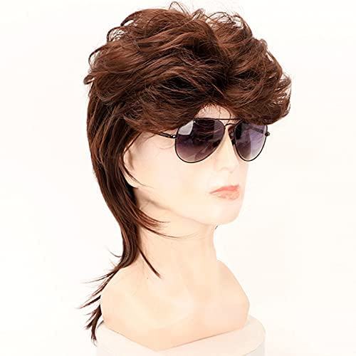 Image of Swiking Mullet Wigs for Men Brown Replacement Wigs 70s 80s Curly Retro Disco Rocker Punk Fancy Natural Hair Party Cosplay Costume Mens Full Wigs