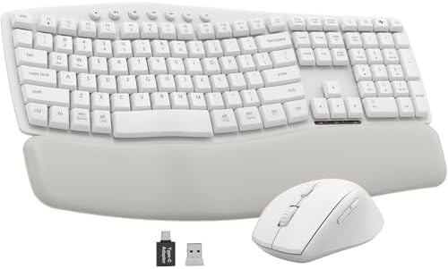 Combo de teclado e mouse sem fio branco silencioso, teclado ergon...