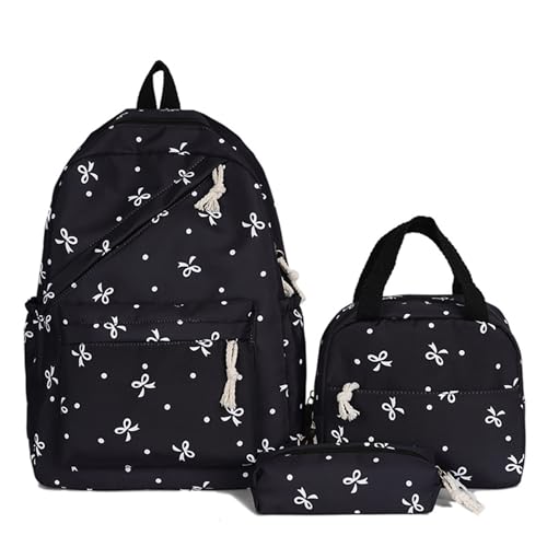 Bow Backpack 3Pcs Set for Girls,Cute Kawaii Backpack Set Aesthetic Daypack Bow,Cute Backpack Set Large Capacity (Black)