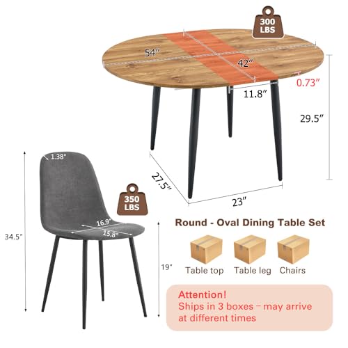 Image of FURNITO Wood Dining Table Set for 4, 42 inch-54 inch Round to Oval Extendable Table with 4 Linen Fabric Chairs, Space-Saving Contemporary Dining Room Set for Small Apartments or Kitchens, Easy Assembly