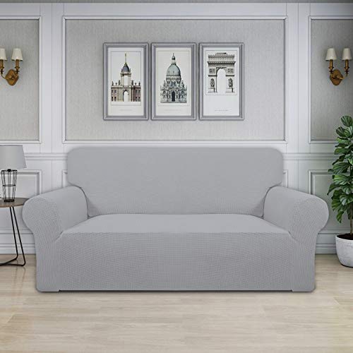 Image of Easy-Going Stretch Oversized Loveseat Slipcover 1-Piece Sofa Cover Furniture Protector Couch Soft with Elastic Bottom for Kids Polyester Spandex Jacquard Fabric Small Checks Silver Gray