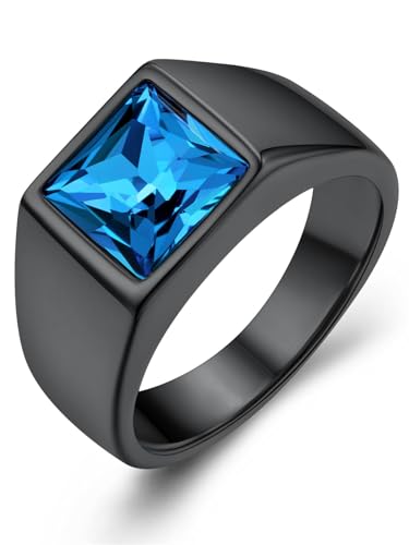GoldChic Anillo Sello Grande Diamantes Azul Talla 62 Anillo de Padrino Novio, Banda Anillo Azul