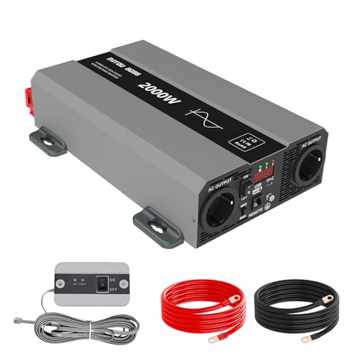 DATOUBOSS Inversor 24V 220V 2000W Onda Sinusoidal Pura, Convertidor 4000W(Pico) con 2 Enchufes de la UE, Transformador con USB-A y USB-C, Pantalla LCD,Mando a Distancia, para Coches, Camiones, Camping