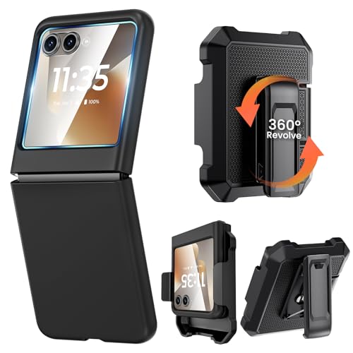 Caka for Motorola Moto Razr 2026/2025/2024 Case with Clip and Screen Protector [NOT for Plus or Ultra], Slim Thin Flip Phone Cover and Belt Hip Holster Combo Accessories for Razr 50 & 60 & 70 - Black