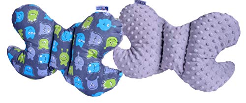 Medi Partners Coussin de nuque pour enfant 100% coton/Minky Baby pour voiture, voiture, voiture, voyage, dormir, cou, coussin (créatures avec gris minky)
