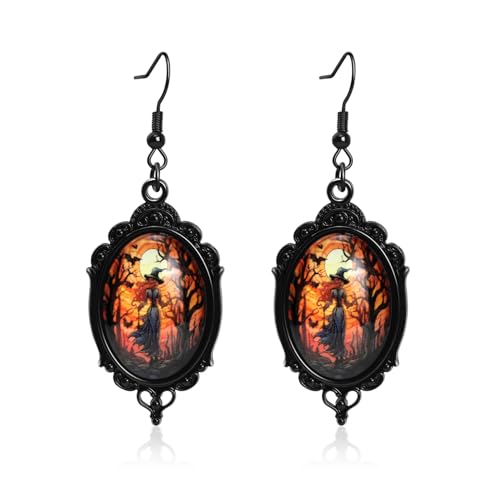 Halloween Earrings for Women Gothic Mystery Witchy Cameo Dangle Earrings Vintage Jewelry Punk Style Orange Glass Crystal Earring for Masquerade Party