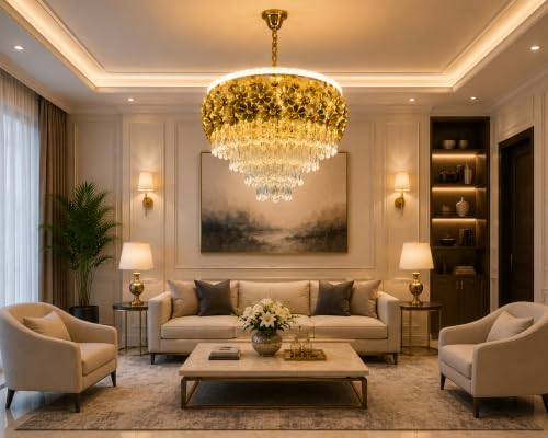 Image of Elegant Chandelier Ceiling Light for Living Room Hanging Pendant Light | Italian K9 Crystals | Metal Frame | Adjustable LED Light-Pack of 1 (Chandelier-Floral-500MM-Gold)