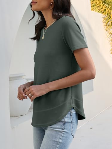 Image of ANRABESS Womens Waffle Knit Tops Short Sleeve Crewneck Shirts Curved Hem Summer Dressy Casual Blouses Spring Fashion Clothing
