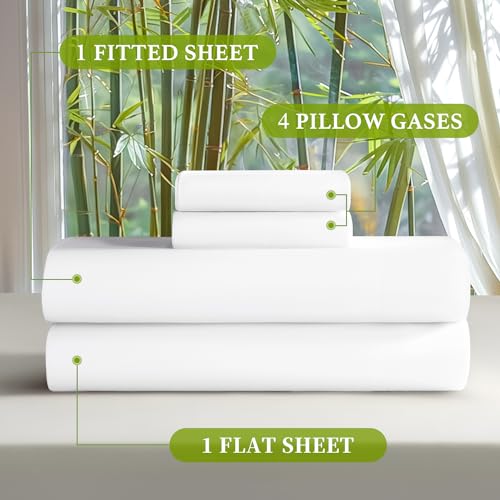Shilucheng 100% Viscose Derived from Bamboo_ Sheets King Size 6pcs - Ultra Cooling & Silky Soft Bed Sheets, 16" Deep Pocket, Perfect for Hot Sleepers, Hotel Bedding Sheets (White)