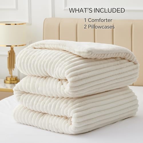 BEDELITE Fleece Queen Comforter Set -Super Soft & Warm Fluffy Cream White Bedding, Luxury Fuzzy Heavy Bed Set for Winter with 2 Pillow Cases - Thumbnail 3