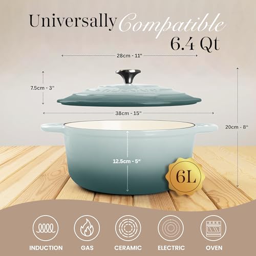 Image of Nuovva Enamelled Cast Iron Dutch Oven Pot with Lid 6.4 Quart Non Stick Casserole Pot-Heavy Duty & Oven Safe up to 500 F for Bread Baking, Braising, Stews, Roasting - 28cm Sea Salt