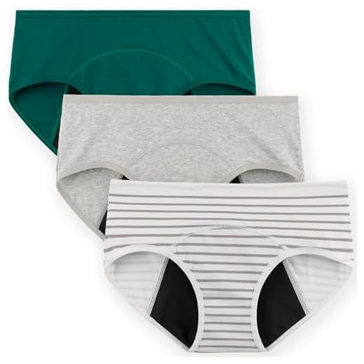 INNERSY Women's Hipster Period Underwear Postpartum Teens Menstrual Panties 3-Pack(Green&grey&stripes,Medium)