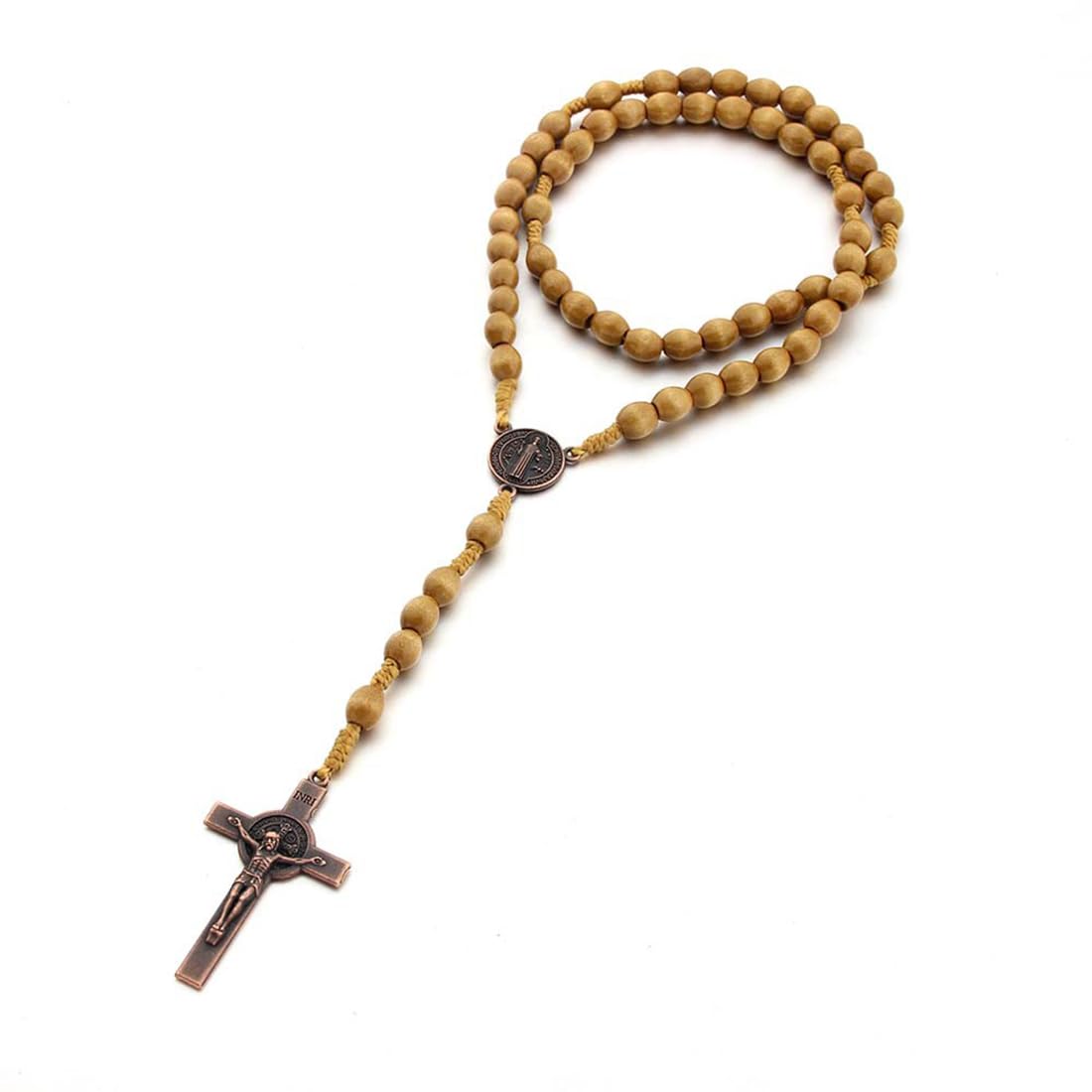 Rosario Cattolico Con Perle In Legno Naturale E Croce Di San Benedetto – Collana Da Preghiera Per Battesimi, Messe E Letture Bibliche