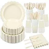 Xiangqu 350 Pcs Ivory Dinnerware Sets, 9' Party Plates, 7' Cream Dessert Plate, 9oz Cups & Cutlery, 50 Guest Beige Scalloped Disposable Plates Set for Baby Bridal Shower, Wedding, Birthday