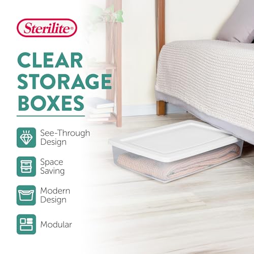 Image of Sterilite 18 Pack Storage Box, 41 Quart Stackable Tote, Clear Plastic Container with Secure Snapping Lids for Home and Office Organization, White