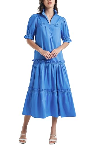 Image of D-Sun Women Casual Button Down Maxi Dress Short Puff Sleeves Stand Collar Tiered Elegant Flowy Swing Long Dress with Tie