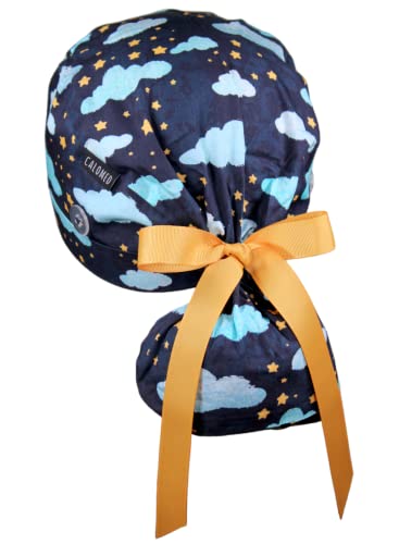 Image of Scrub Cap for Women and Men, Ponytail Scrub Caps, Working Hat, Head Cover with Ribbon Ties and Buttons, Long Hair