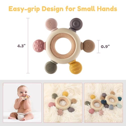 Image of Novo Baby Baby Teether 0-6 Months - Soft Silicone & Wood Toy for Infants | BPA-Free Teething Relief for 3-12 Month Age Group | 3 to 6 Month Baby Toys | Gift for Newborns & Toddlers - Beige