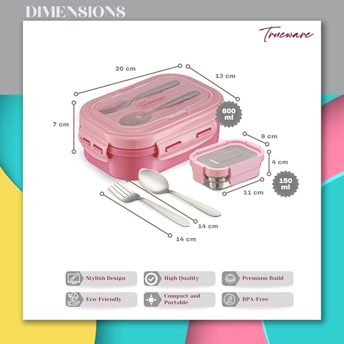 Image of Trueware Picaso Jr. Insulated Inner Steel Thermoware BPA Free, Airtight, Food Grade, 2 Containers Lunch Box 750 ML | for School, Kids, Boy & Girl | Hot Lunch Box