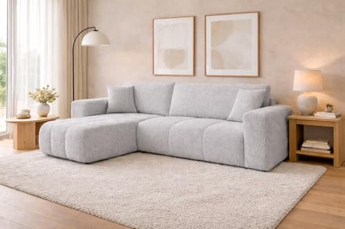 Tendencio Canapé d'angle Convertible TALIO en Tissu Bouclette avec Coffre de Rangement (Gris Clair)