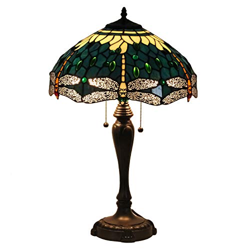 DreaLass Lighting Tiffany Style Lamp W16H25 Inch Green Stained Glass with Crystal Bead Dragonfly Lampshade Coffee Bar Office Restaurant Parent Lover Friend Kid Living Room Bedroom Study Dresser