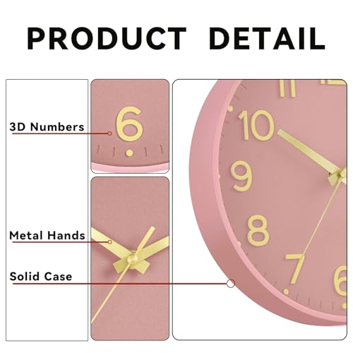 Image of Roymnie Wall Clock 12 Inch Silent Wall Clocks Battery Operated-Modern Non Ticking Analog Clock Decorative for Kitchen Bedroom Office (Pink Gold)