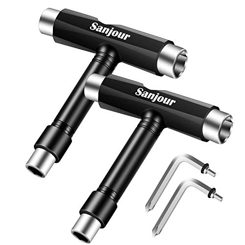 Sanjour All-in-One Skate Tools Multi-Function Portable Skateboard T Tool Kit Accessory with T-Type Allen Key and L-Type Phillips Head Screwdriver Compatible for Roller Skates/Skateboard-2 Packs