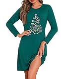 Marvmys Nachthemd Damen Langarm Schlafshirt Baumwolle Printed Sleepshirt Frauen Winter Nachtwäsche Schlafkleid mit Weihnachtsbaum Motiv