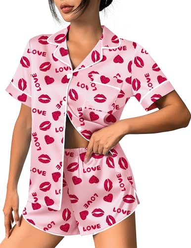 Image of Ekouaer Womens Silk Satin Pajama Set Print Short Sleeve Sleepwear Button Down Pjs Shorts Set Loungewear
