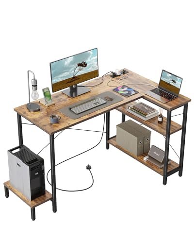 CubiCubi Small Computer Desk with Power Outlets, 40 Inch L Shaped Desk with CPU Stand & Reversible Shelves, Gaming Corner Desk Study Writing Table for Home Office Bedroom, Rustic Brown