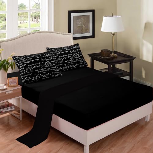 Image of NINENINE Math Formula Comforter Sets, Black Scientific Equation Formula Bedding 5PCS Queen Size Comforter Sets for Boys Teens (1Comforter, 1Flat Sheet, 1Fitted Sheet, 2Pillowcases)