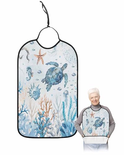 LEOKOTI Blue Coastal Adult Bibs for Eating, Waterproof Bibs with Food Catcher & Adjustable Snap Closure, Summer Beach Nautical Coral Sea Turtle Washable Clothing Protectors Adult Bibs for Elderly