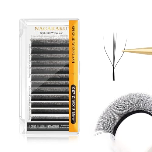 NAGARAKU Eyelash Extensions 3D W Shape Triple-core Volume Lashes 0.07mm C Curl 8-15mm Mix Hand Woven Long Stem Matte Black Premade Fans Triple Tips False Eye Lash Extension