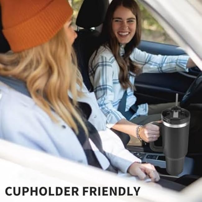 40oz Tumbler with Handle Straw Lid, Stainless Steel Vacuum Insulated Reusable Coffee Cup Keep Cold Gym Travel Mug for Iced, Gifts for Women Men Lovers, Car Holder Friendly, Black