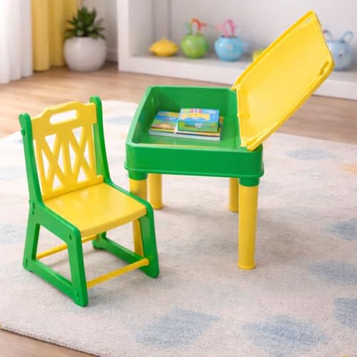 Image of Kids Study Table & Chair Set with Storage Box | Study Table Chair for Kids | Multipurpose Activity Desk for Study, Drawing & Eating | Strong Plastic | Toddler Furniture (Yellow & Green)