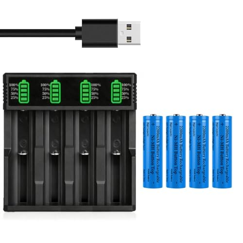 Universel Pile Chargeur avec 4 Pack 2200 mAh Button Top Pile Rechargeables NiMH, 4 Sel USB Batterie Chargeurs, pour Lampe Frontale LED, Mini Ventilateurs, Pile...
