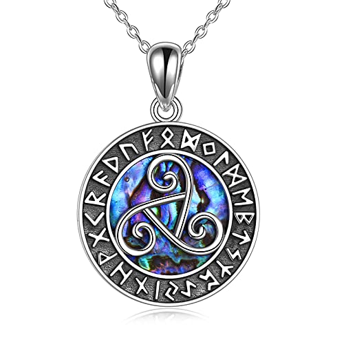 YFN Viking Jewelry for Women Triskele Necklace Sterling Silver Runes Triple Spiral Triskelion Pendant Abalone Shell Nordic Amulet Celtic Irish jewelry for Women