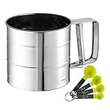 Aicharynic Mehlsieb Edelstahl Mehl- und Puderzuckersieb Einhand-Mehlsieb mit Griff Puderzuckerstreuer Feines Mehlsieb für 250g Mehl Puderzucker Gewürzpulver, Küchen Zubehör + 4 Messlöffel - Silber