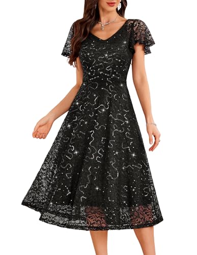 AOCZZ Kurzarm Schwarzes Abendkleid Damen Glitzer Cocktailkleid Midi Kleider Festlich Hochzeitsgast 58XP Black L
