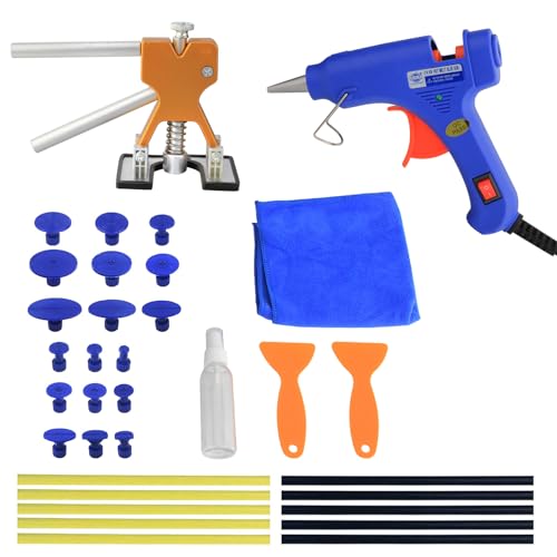 Twilight Garage Paintless Dent Puller, 34PCS Auto Body Repair Tool Kit with Glue Gun, Gold Tooth Puller, Glue Sticks for Car Dent Removal, Refrigerator, Motorcycle, Body, Door Dings, Hail Damage